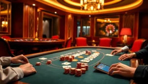 Nền Tảng RR88 features a luxurious poker table filled with high-stakes chips, cards, and players, highlighting casino excitement.