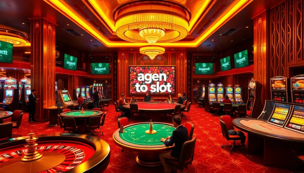 A thrilling casino scene showcasing players enjoying agen toto slot games with vibrant lighting and excitement.