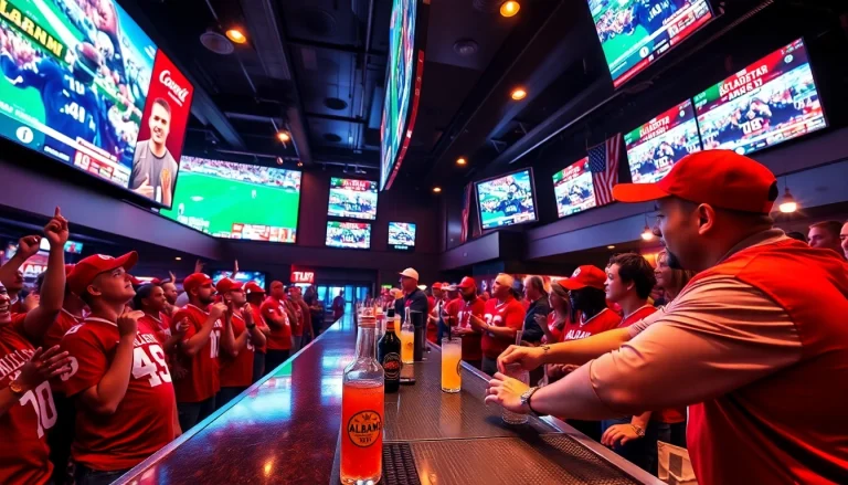 Engaged fans enjoying Alabama sports betting in a lively sports bar atmosphere.