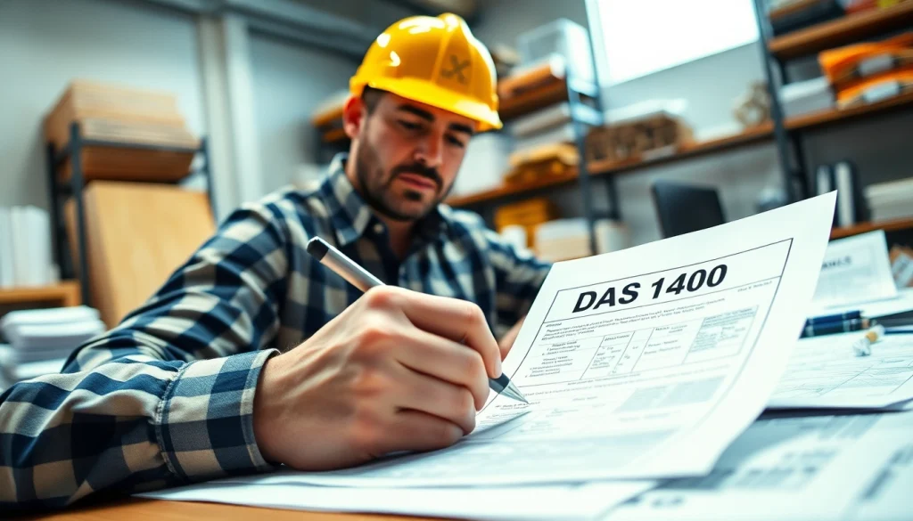 Filling out the DAS 140 form in a professional office setting with construction documents.