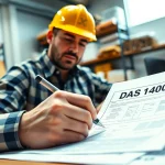 Filling out the DAS 140 form in a professional office setting with construction documents.