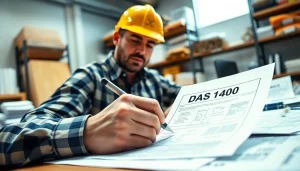 Filling out the DAS 140 form in a professional office setting with construction documents.