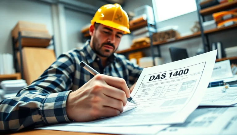 Filling out the DAS 140 form in a professional office setting with construction documents.