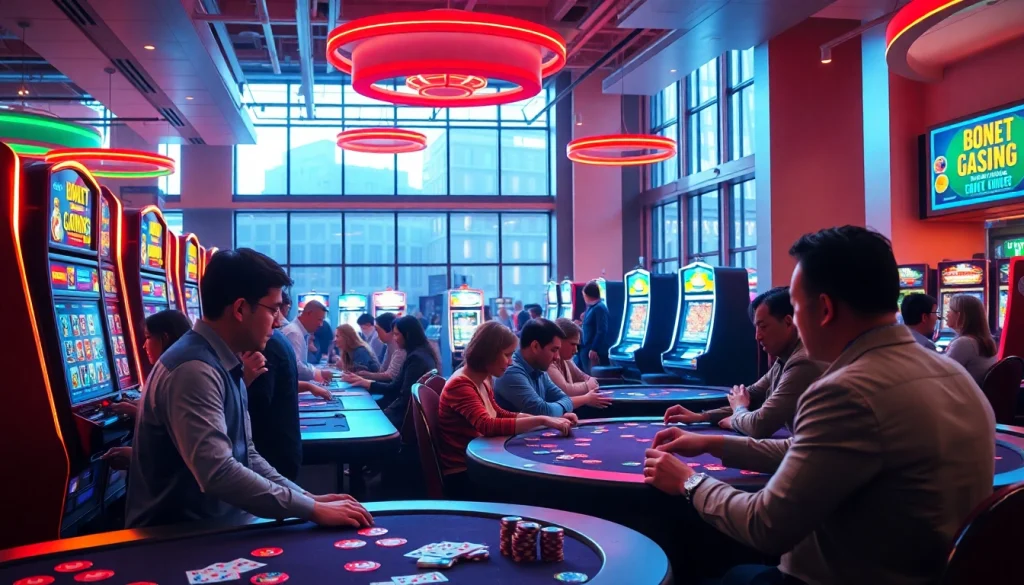 Engaged players enjoying online casinos in Oklahoma with vibrant lights and energetic atmosphere.