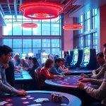 Engaged players enjoying online casinos in Oklahoma with vibrant lights and energetic atmosphere.