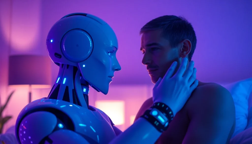 Engaging scene of ai sex showcasing humanoid robot interacting intimately with a human.