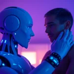 Engaging scene of ai sex showcasing humanoid robot interacting intimately with a human.