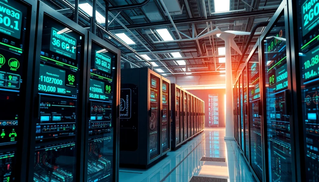 Dynamic cloud mining facility showcasing renewable energy technology and AI efficiency in cryptocurrency mining.