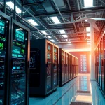 Dynamic cloud mining facility showcasing renewable energy technology and AI efficiency in cryptocurrency mining.