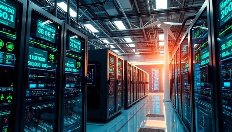 Dynamic cloud mining facility showcasing renewable energy technology and AI efficiency in cryptocurrency mining.