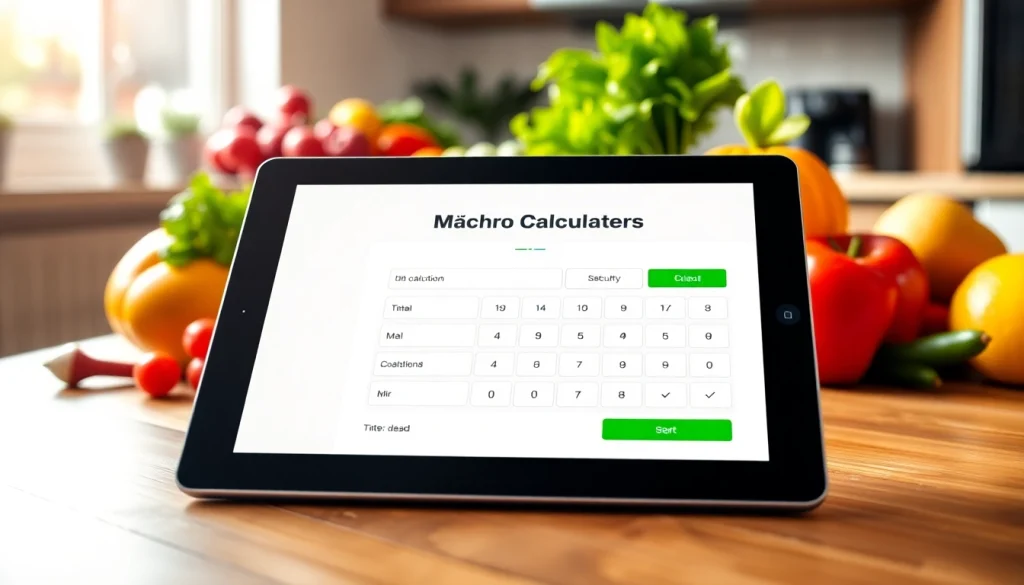 Calculate your macros with an intuitive macro calculator interface on a tablet amid fresh produce.