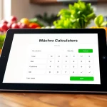 Calculate your macros with an intuitive macro calculator interface on a tablet amid fresh produce.
