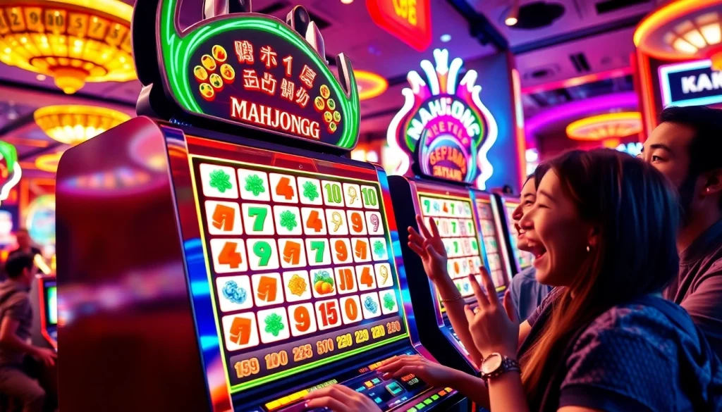 Menangkan hadiah di mesin mahjong slot dengan simbol berwarna-warni dan suasana kasino yang meriah.