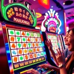 Menangkan hadiah di mesin mahjong slot dengan simbol berwarna-warni dan suasana kasino yang meriah.