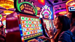 Menangkan hadiah di mesin mahjong slot dengan simbol berwarna-warni dan suasana kasino yang meriah.