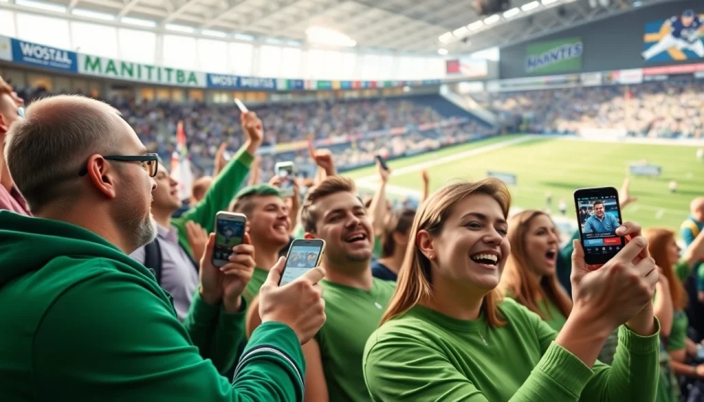 Engaging crowd enjoying Manitoba sports betting at a lively event with mobile betting apps.