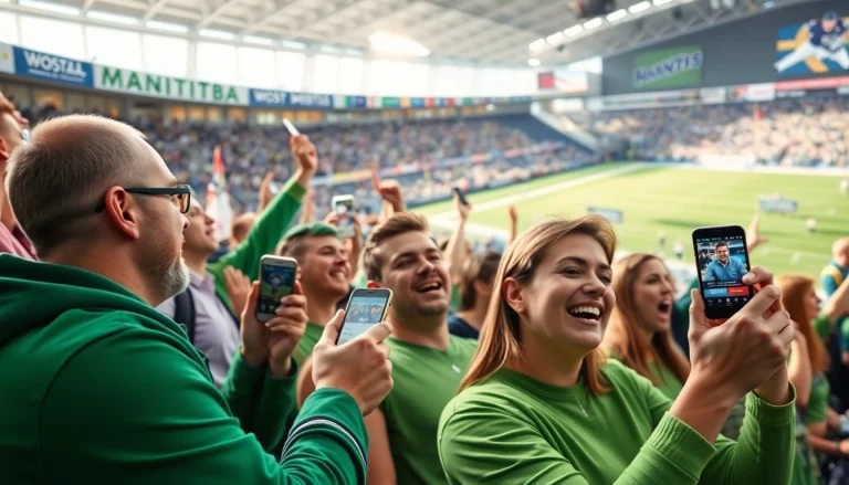 Engaging crowd enjoying Manitoba sports betting at a lively event with mobile betting apps.