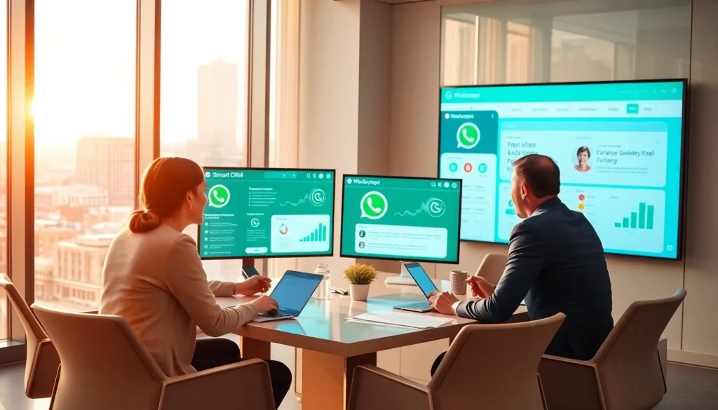 Engaged team discussing WhatsApp Smart CRM advantages in a modern office setting.