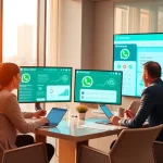 Engaged team discussing WhatsApp Smart CRM advantages in a modern office setting.
