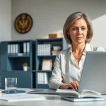 traduttore giurato working diligently at a modern office desk with legal documents and laptop.