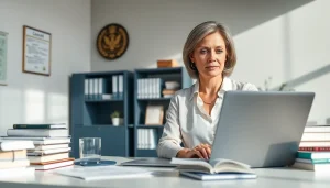 traduttore giurato working diligently at a modern office desk with legal documents and laptop.