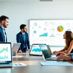 Analyze competitive intelligence data during a collaborative business meeting with laptops and charts.