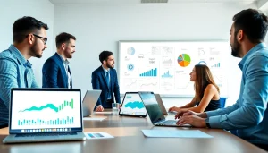 Analyze competitive intelligence data during a collaborative business meeting with laptops and charts.