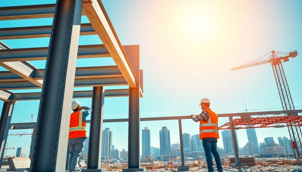 Workers performing structural steel installation at a busy construction site showcasing teamwork and precision.