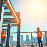 Workers performing structural steel installation at a busy construction site showcasing teamwork and precision.