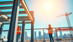 Workers performing structural steel installation at a busy construction site showcasing teamwork and precision.