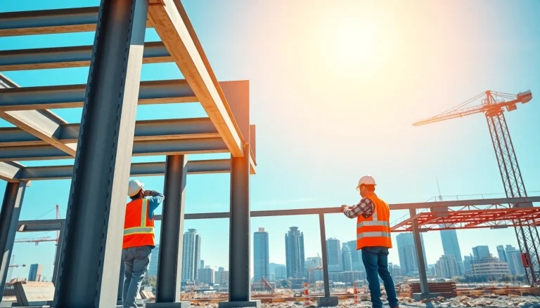 Workers performing structural steel installation at a busy construction site showcasing teamwork and precision.