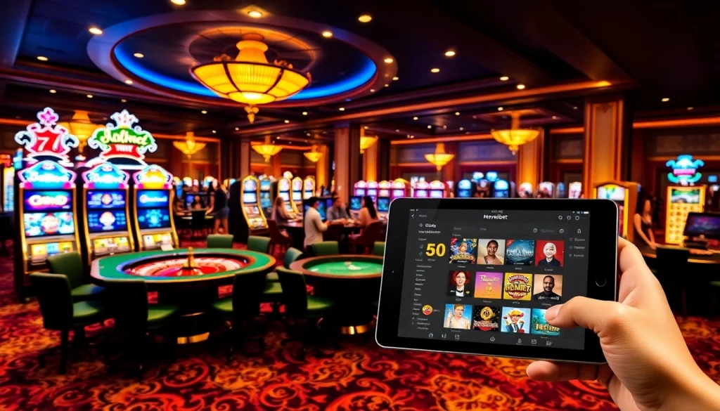 Marvelbet gambling scene with tables, slot machines, and elegant ambiance.