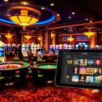 Marvelbet gambling scene with tables, slot machines, and elegant ambiance.
