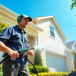 Soft wash technician cleaning a home exterior in Kissimmee, showcasing pristine surfaces and professional equipment.
