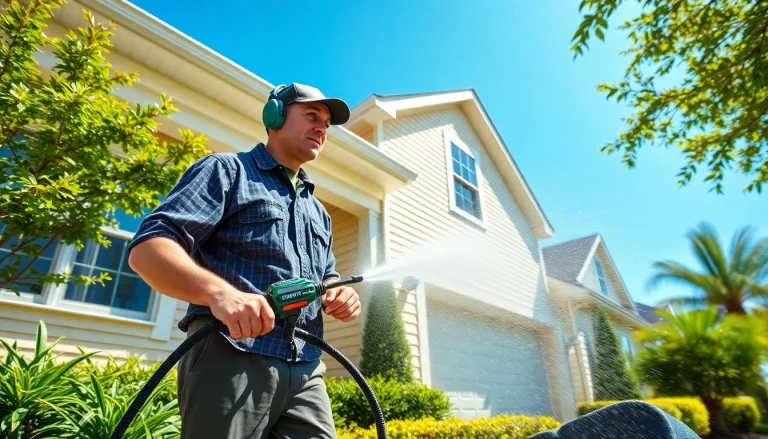 Soft wash technician cleaning a home exterior in Kissimmee, showcasing pristine surfaces and professional equipment.