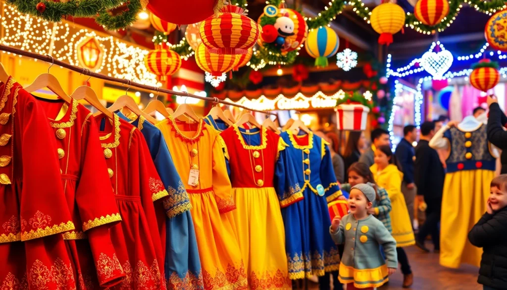 Koop een kleurrijk pietenpak bij een feestelijke marktplaats.