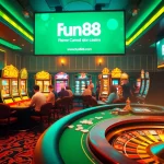 Exciting casino scene showcasing Fun88 link with players at a poker table, vibrant slot machines, and a roulette wheel.