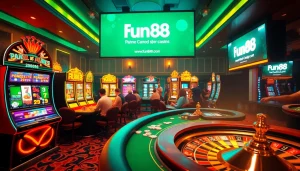 Exciting casino scene showcasing Fun88 link with players at a poker table, vibrant slot machines, and a roulette wheel.