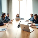 Engaging business coaching service session with diverse participants in a modern office.