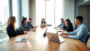 Engaging business coaching service session with diverse participants in a modern office.