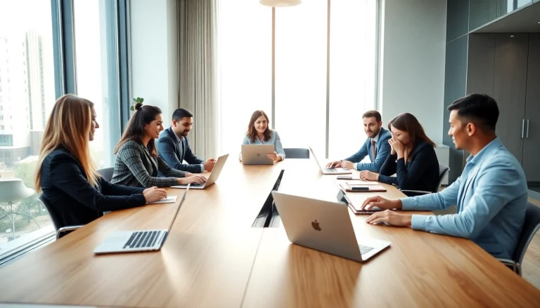 Engaging business coaching service session with diverse participants in a modern office.