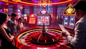 Adegan perjudian yang mendebarkan menampilkan meja kasino bertema Datukwin dan pemain yang menikmati taruhan tinggi.