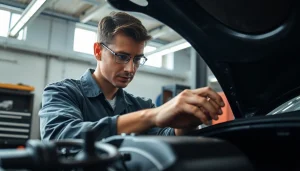 Inspecting a powertrain extended warranty engine in a modern garage, showcasing precision.