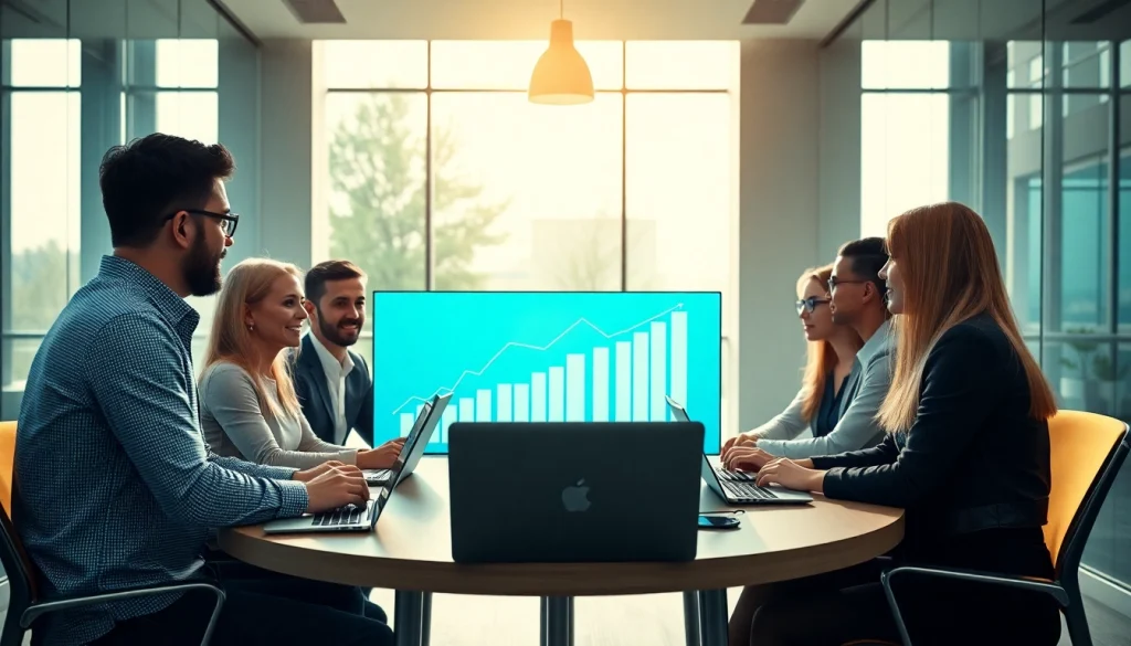 Engaged team discussing business growth insights in a modern office setting.