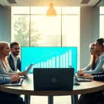 Engaged team discussing business growth insights in a modern office setting.