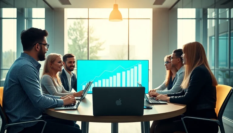 Engaged team discussing business growth insights in a modern office setting.