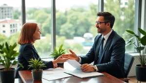 Environmental lawyer discussing sustainability in a modern office, promoting eco-friendly practices.