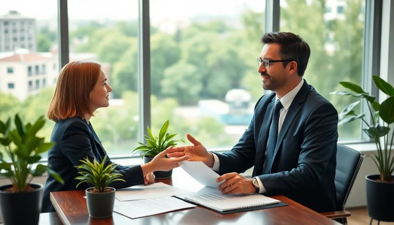 Environmental lawyer discussing sustainability in a modern office, promoting eco-friendly practices.