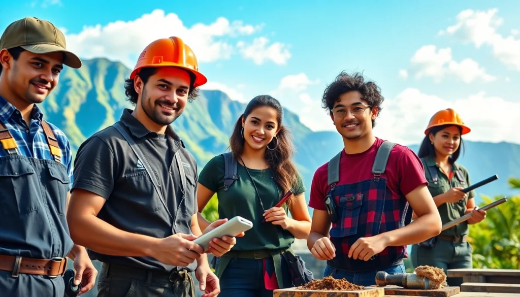 Students actively learning at hawaii trade schools, surrounded by tools and scenic landscapes.