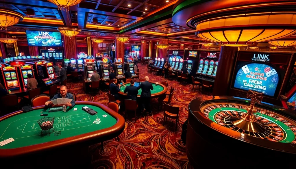 Experience the thrill at the casino with link mahjong games, featuring excited players and vibrant slot machines.